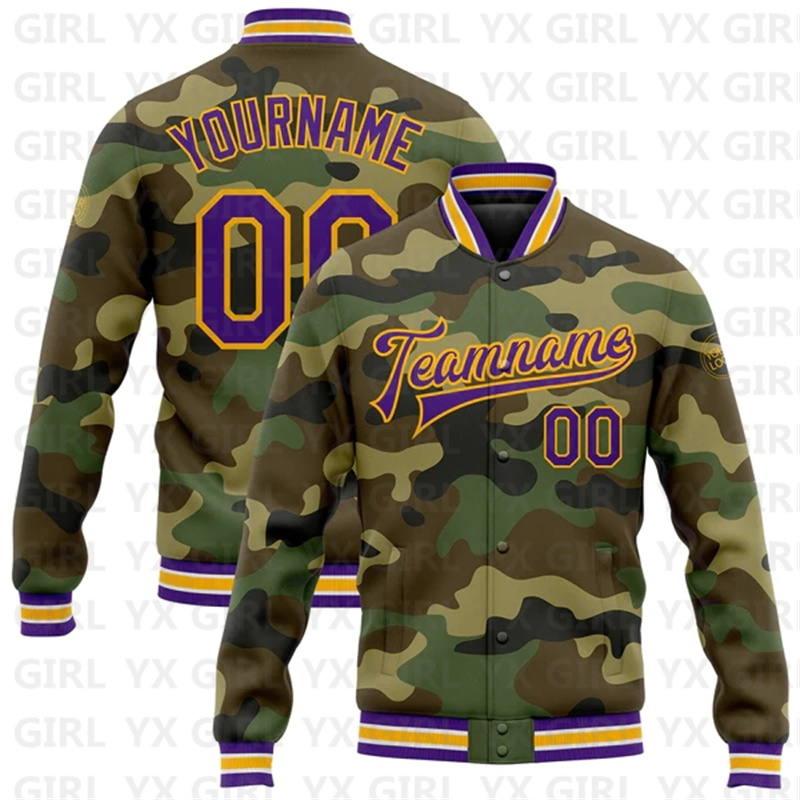 Varsity Jacket Letterman - Custom Camo Purple-Gold Bomber Full-Snap Varsity