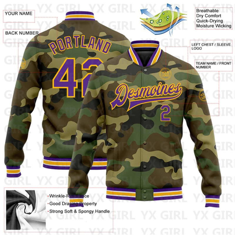 Custom Camo Purple-Gold Bomber - đánh giá và giá Varsity Jacket Letterman